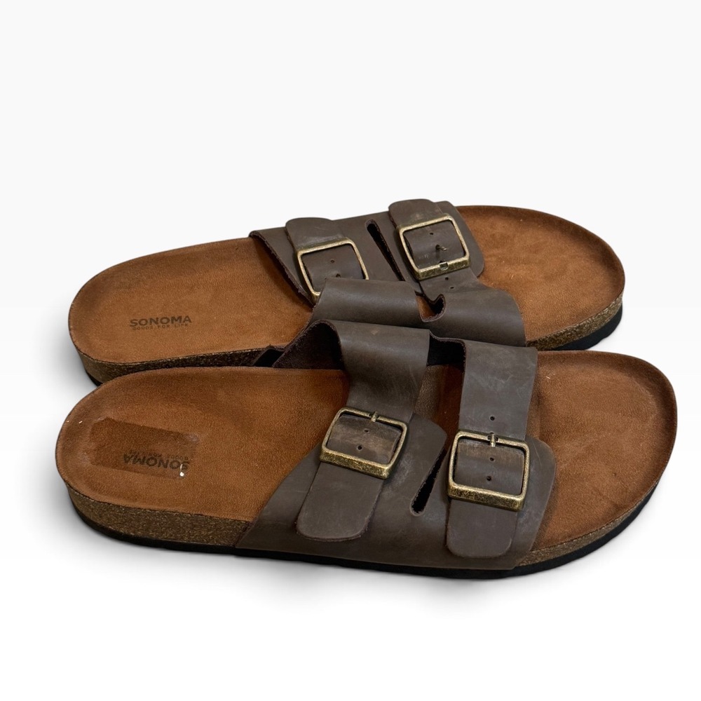Sonoma Goods For Life Mens Raymond Leather Two Strap Slide Sandals Brown 10.5 M